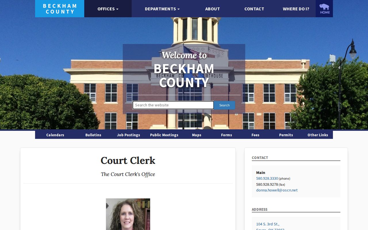 Beckham County bench warrant records source showing the Court Clerk contact