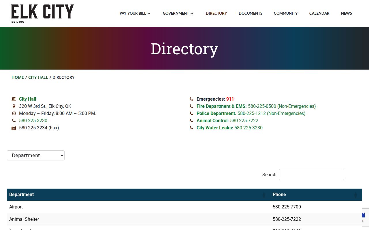 Beckham County municipal warrant records source showing the Elk City city hall contact route