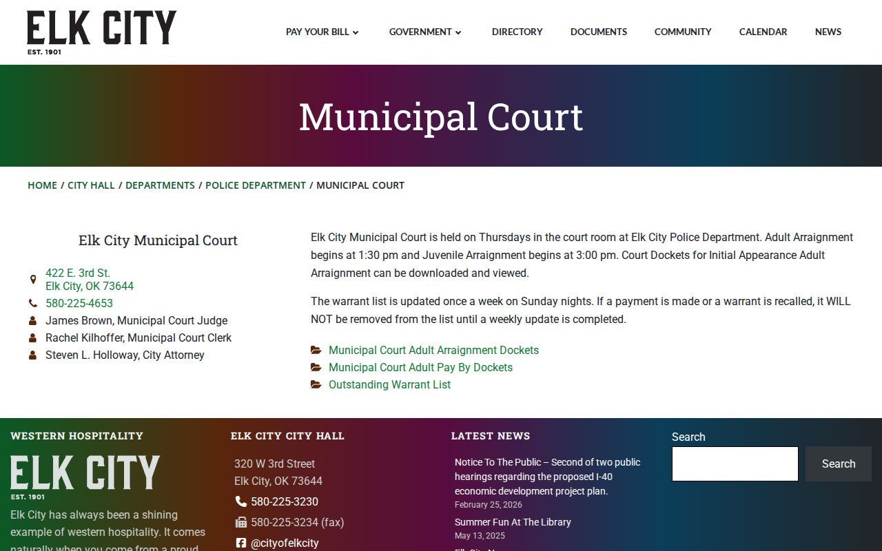 Beckham County warrant records source showing the Elk City Municipal Court notice